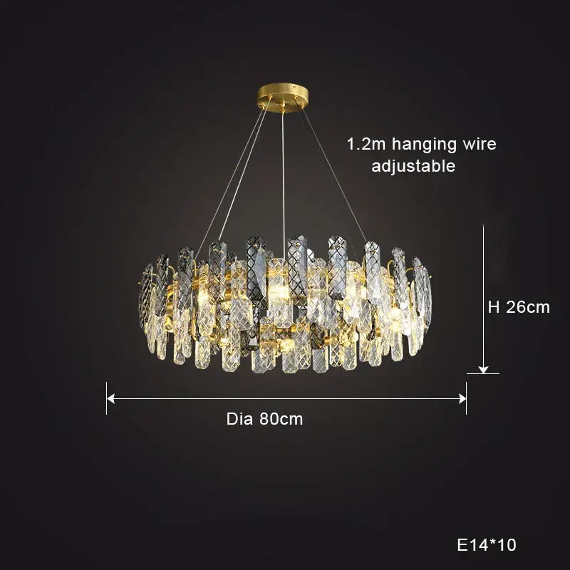Luxurious gold decorbites crystal round chandelier with cascading clear and dark crystal prisms for dining room lighting
