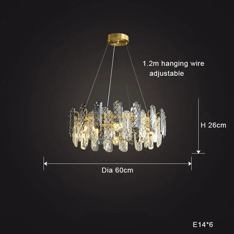 A modern gold decorbites crystal round chandelier with faceted clear and dark glass pieces for dining room light