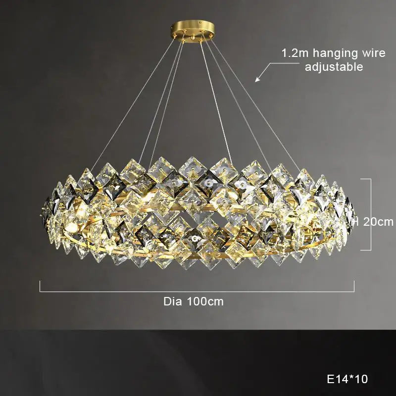Modern gold decorbites crystal round chandelier with clear faceted crystals in overlapping rows for dining room lighting
