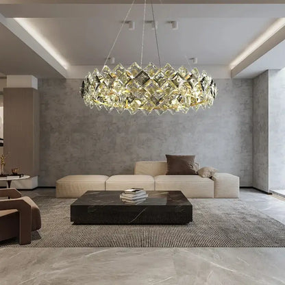 Modern gold decorbites crystal round chandelier with geometric clear and gold-toned crystal design for dining room