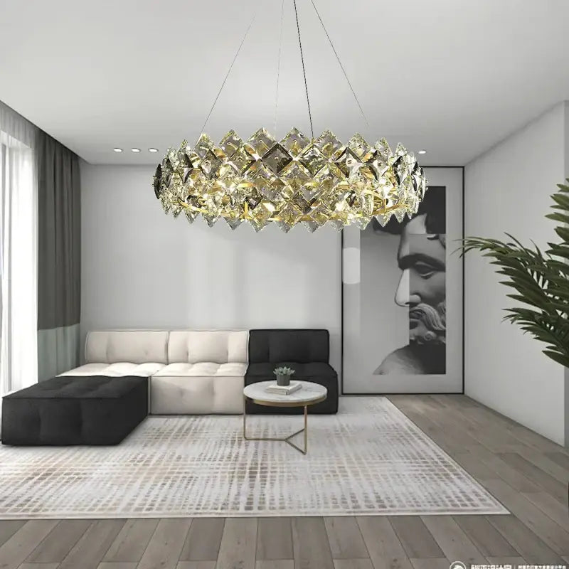 A modern gold decorbites crystal round chandelier with geometric design hanging in a dining room light setting