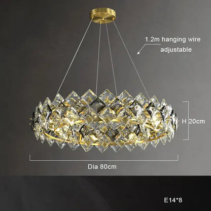 Modern gold decorbites crystal round chandelier with clear faceted crystals in overlapping diamond shapes for dining room light