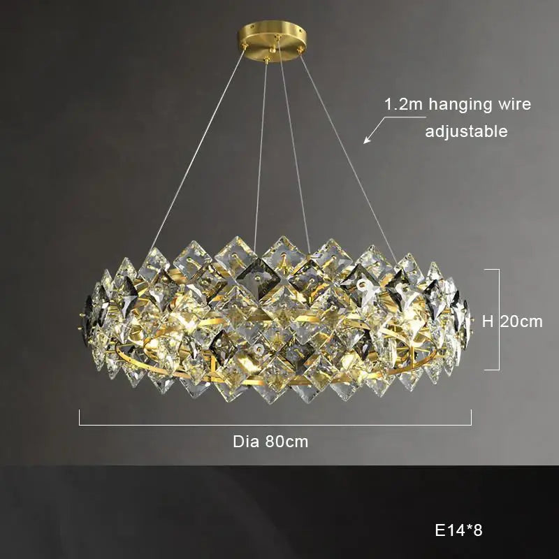 Modern gold decorbites crystal round chandelier with clear faceted crystals in overlapping diamond shapes for dining room light