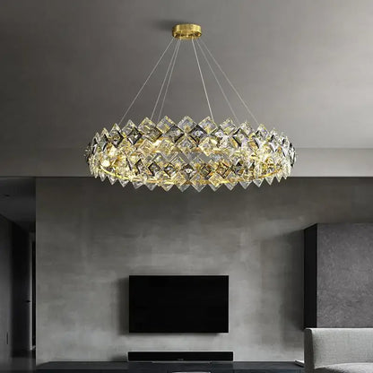 Modern gold decorbites crystal round chandelier with clear faceted crystals in overlapping diamond shapes for dining room light