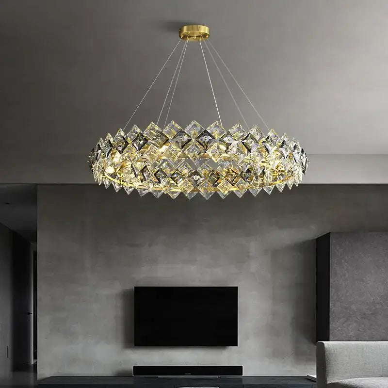 Modern gold decorbites crystal round chandelier with clear faceted crystals in overlapping diamond shapes for dining room light