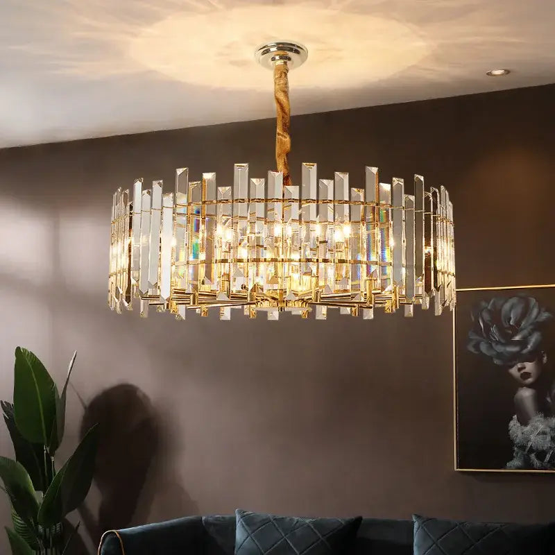 Modern gold decorbites crystal round chandelier with clear rectangular prisms in concentric rings for living room lighting