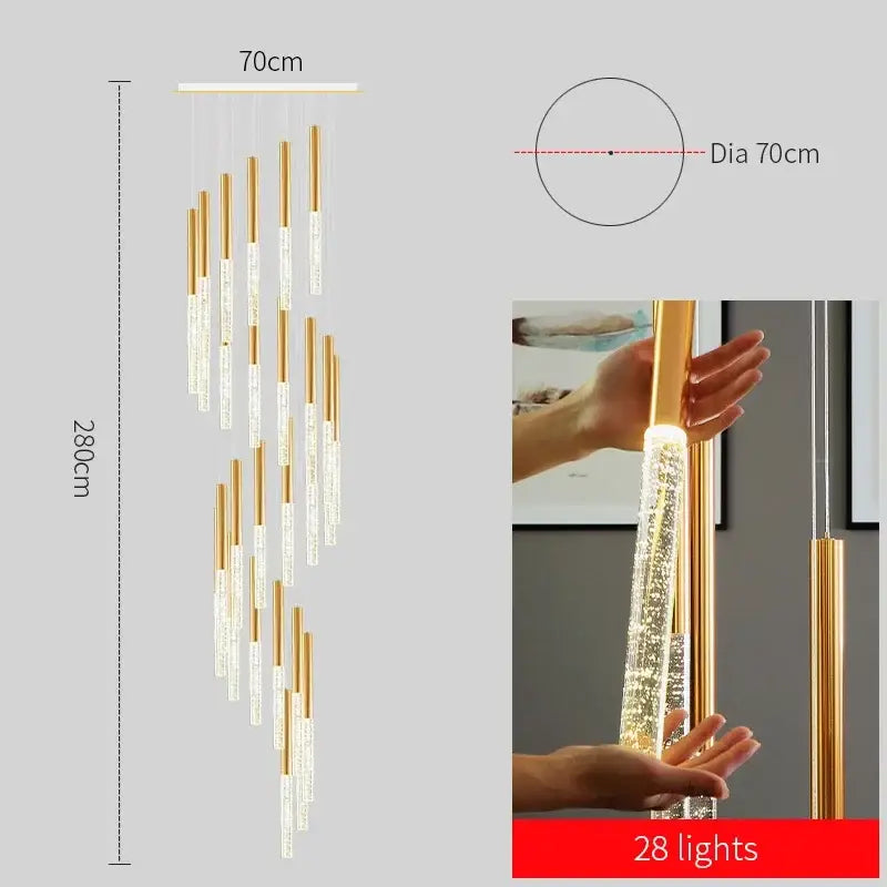 Modern gold decorbites crystal staircase chandelier with 28 led lights and clear crystal cylindrical elements
