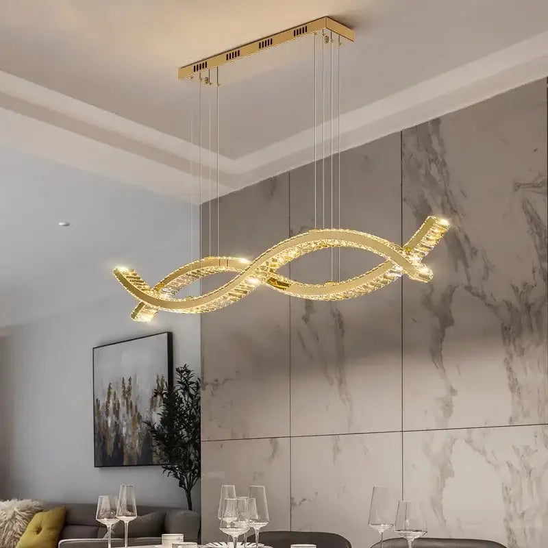 Modern gold decorbites crystal strip chandelier with sleek intertwined double-loop design and embedded crystal accents