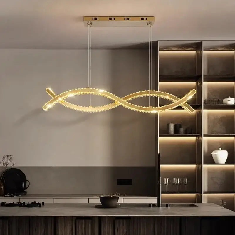 Modern gold decorbites crystal strip chandelier with infinity-shaped pendant light and embedded crystal accents for dining room
