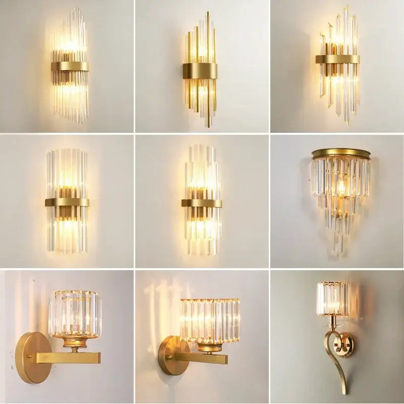Modern gold decorbites crystal wall lamp featuring gold-finished sconces with clear crystal prisms for luxury bedroom decor