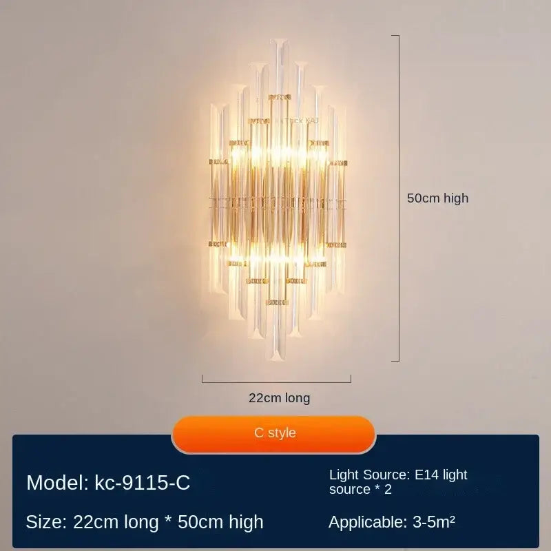 Modern gold decorbites crystal wall lamp with vertical crystal rods and gold-toned metal accents for luxury bedroom decor