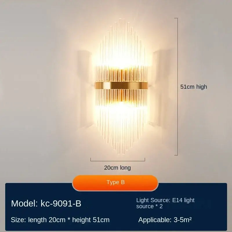 Gold-toned modern decorbites crystal wall lamp with vertical crystal rods and brass band luxury wall sconce kc-9091-b