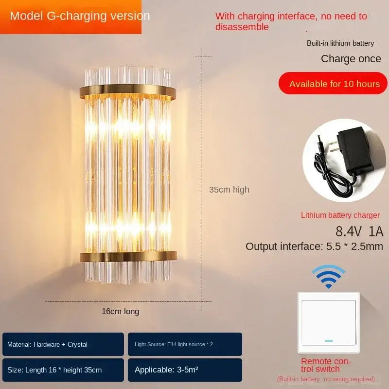 Modern gold decorbites crystal wall lamp with vertical crystal rods and built-in lithium battery for luxury bedroom sconce