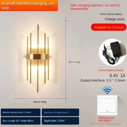 Modern gold decorbites crystal wall lamp with vertical stainless steel rods and crystal accents luxury sconce for bedroom