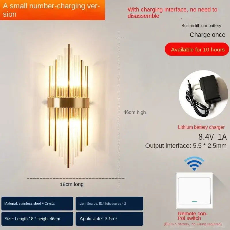 Modern gold decorbites crystal wall lamp with vertical stainless steel rods and crystal accents luxury sconce for bedroom