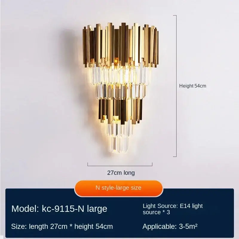 Modern gold decorbites crystal wall lamp with cascading vertical bars and clear crystal accents for luxury bedroom decorbates sconce