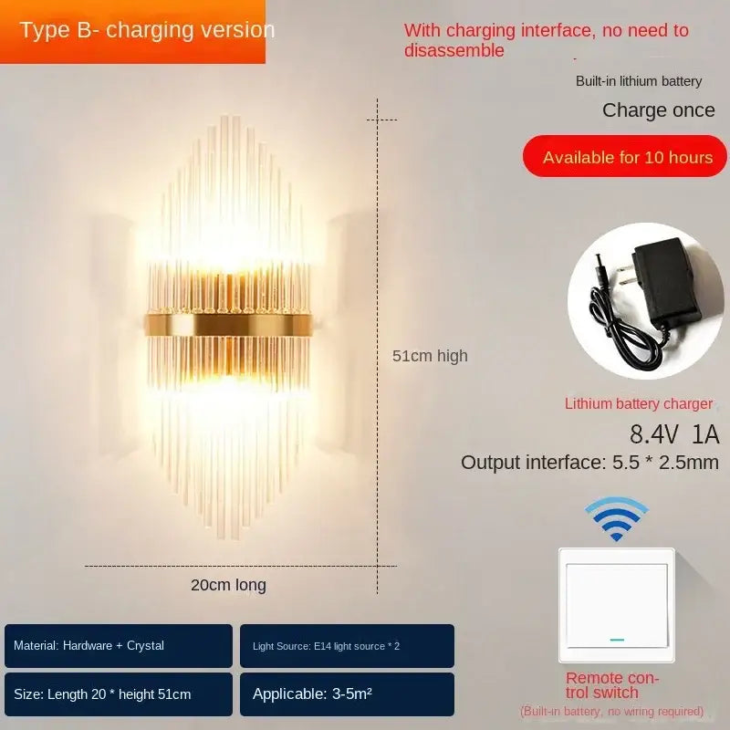 Modern gold decorbites crystal wall lamp with vertical crystal rods and built-in lithium battery power luxury sconce