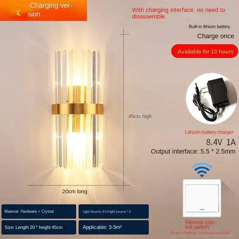 Modern gold decorbites crystal wall lamp with vertical crystal rods and built-in lithium battery for luxury bedroom sconce