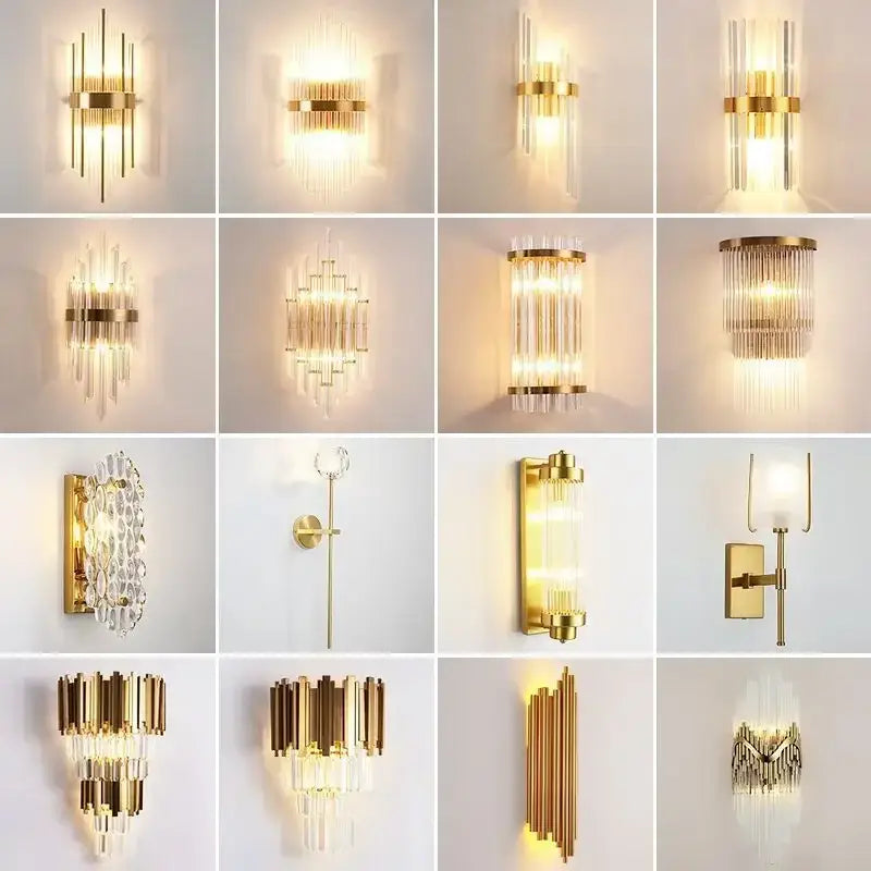 Modern gold decorbites crystal wall lamp features gold-toned sconces with clear prisms and vertical rods for luxury decor