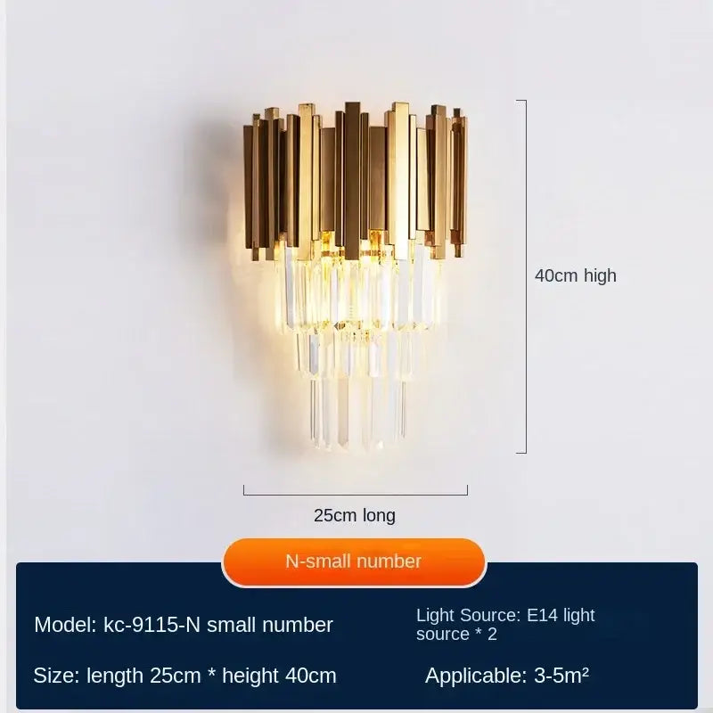 Modern gold decorbites crystal wall lamp featuring vertical brass bars and cascading clear prisms for luxury decor