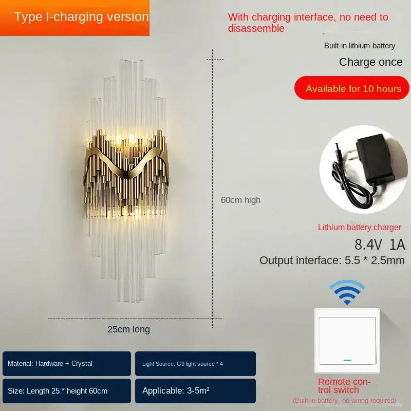 A modern gold-toned decorbites crystal wall lamp with clear crystal rods and a sleek curved metal frame luxury sconce