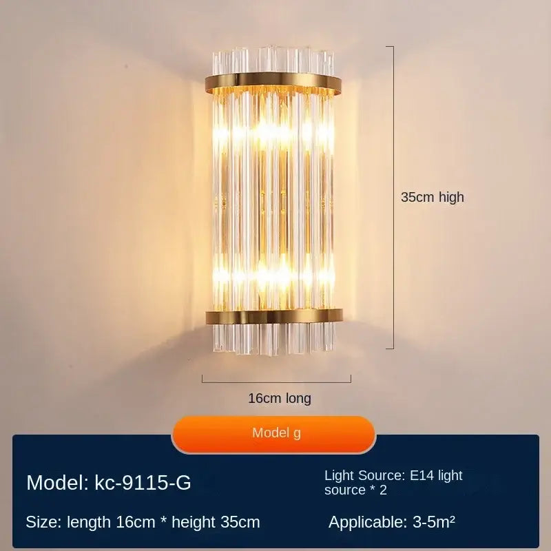 Modern gold decorbites crystal wall lamp with vertical crystal rods and warm glowing light luxury sconce for bedroom