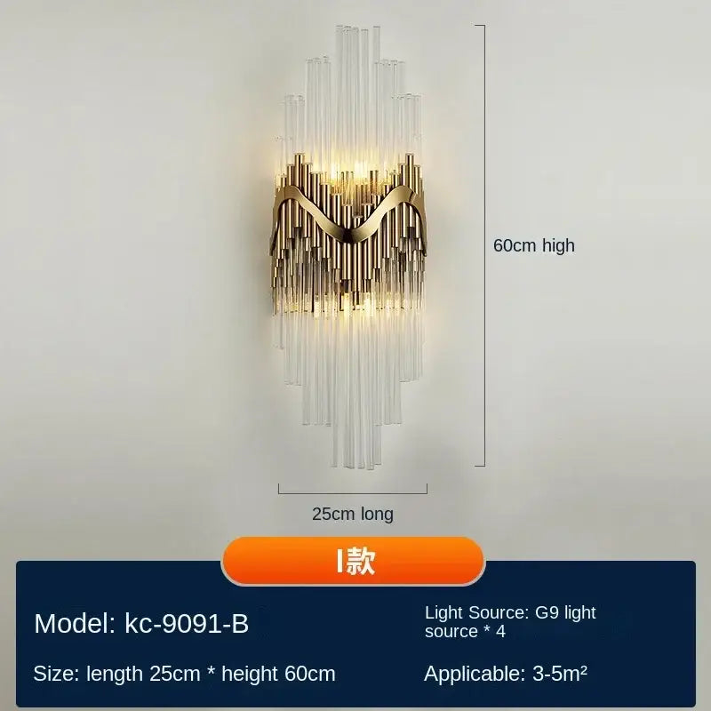 Modern gold decorbites crystal wall lamp with clear glass rods in a cascading design luxury wall sconce for bedroom
