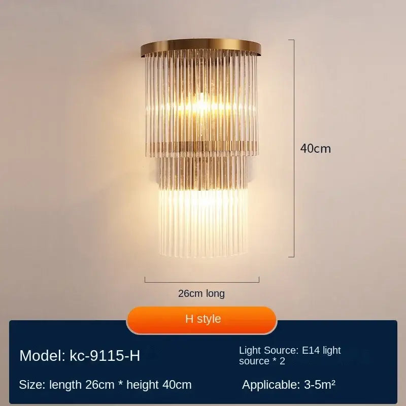 Gold-toned decorbites crystal wall lamp with cascading clear glass rods and circular top modern luxury wall lamp model kc-9115-h