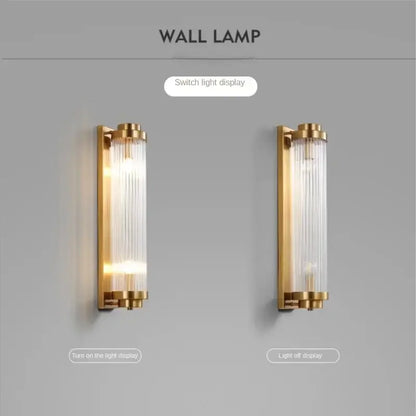 Brass-finished wall sconce with vertical glass prisms from decorbites crystal wall collection for modern bedroom lighting
