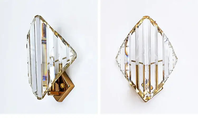 Modern gold decorbites crystal wall sconce with vertical faceted glass panels in a gold-toned metal frame for living room lighting