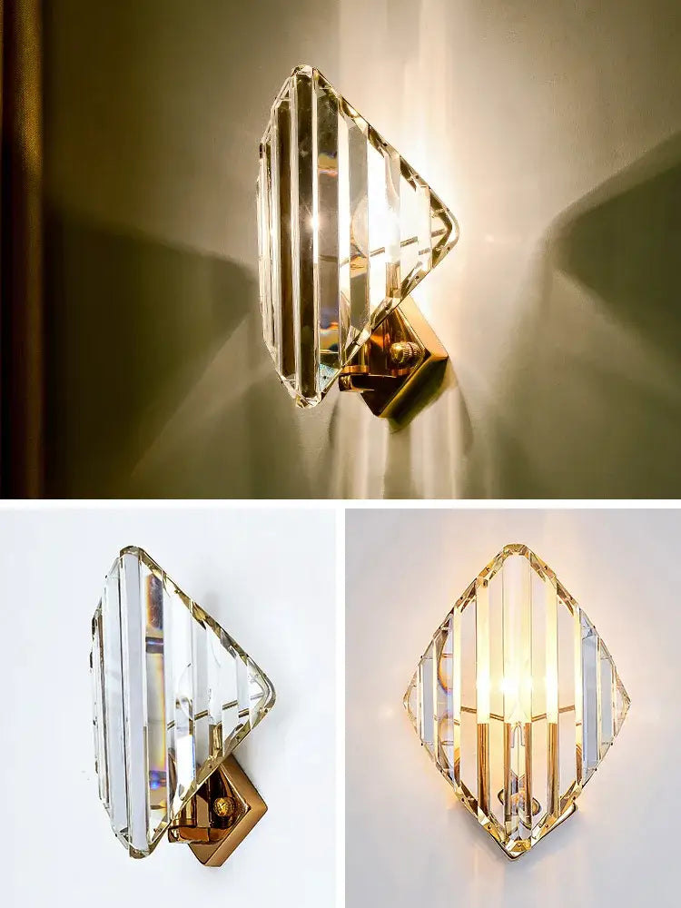 Modern gold decorbites crystal wall sconce with faceted geometric design and gold-toned metal base for living room light