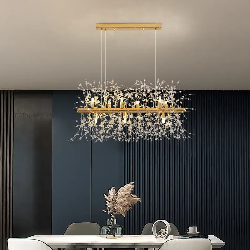 Modern gold decorbites dandelion led chandelier with gold-toned rectangular frame and crystal branches for living room light