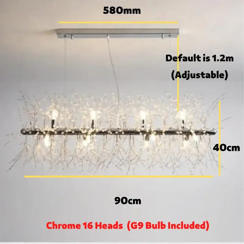 Modern gold decorbites dandelion led chandelier with chrome finish 16 g9 bulbs and crystal strands for living room light