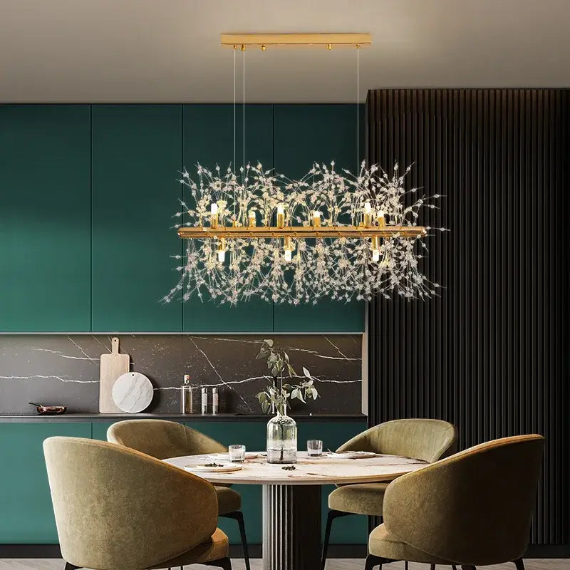 Modern gold decorbites dandelion led chandelier with rectangular frame and crystal arms for living room lighting