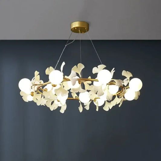 Modern gold decorbites gingko leaf branch chandelier with white petal-shaped glass shades for living room lighting