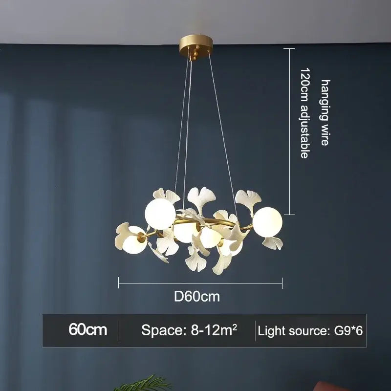 Modern gold decorbites gingko leaf branch chandelier with white glass shades and spherical bulbs for living room light