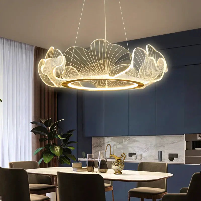 Modern gold decorbites ginkgo acrylic led pendant light with illuminated wireframe design for dining room lighting