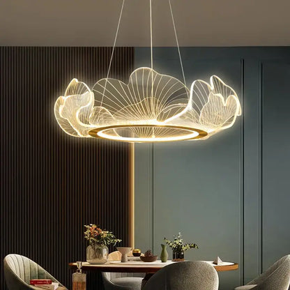 Modern gold decorbites ginkgo acrylic led pendant light with lotus-shaped wireframe petals and warm golden glow for dining room