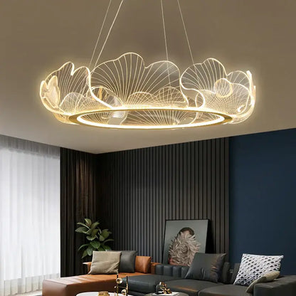 Modern gold decorbites ginkgo acrylic led pendant with intricate leaf wireframe design for dining room light