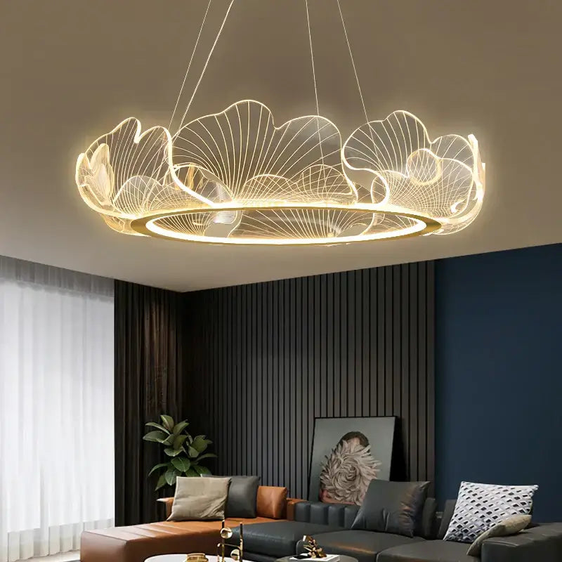 Modern gold decorbites ginkgo acrylic led pendant with intricate leaf wireframe design for dining room light