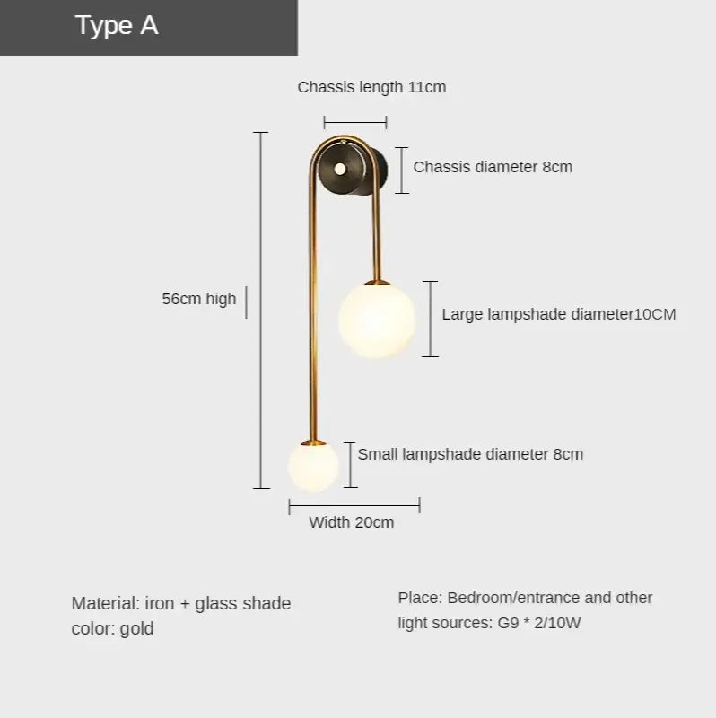 Modern gold decorbites glass ball led wall lamp with curved iron chassis and two spherical glass ball shades