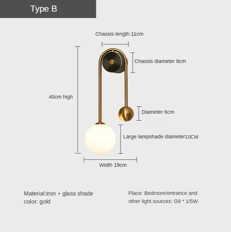 Gold-toned decorbites glass ball led wall lamp with sleek iron chassis and large frosted glass ball sconce for bedroom
