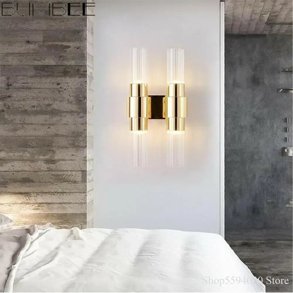 Modern gold decorbites iron glass lamps living room wall sconce with two clear cylindrical glass shades and iron glass design