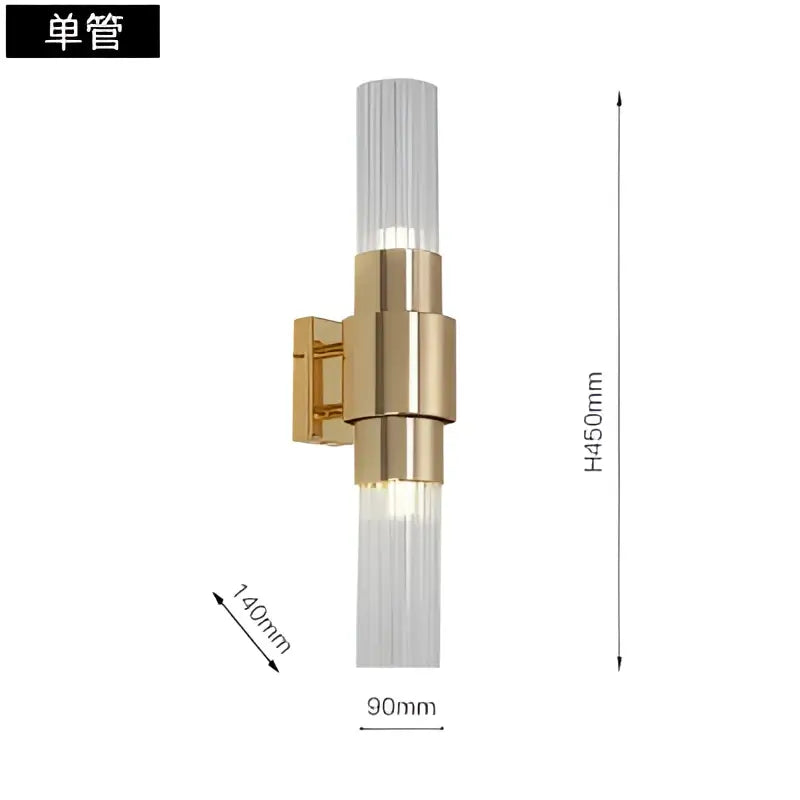 Modern gold decorbites iron glass wall sconce features cylindrical glass shade and two vertical crystal tubes for living room