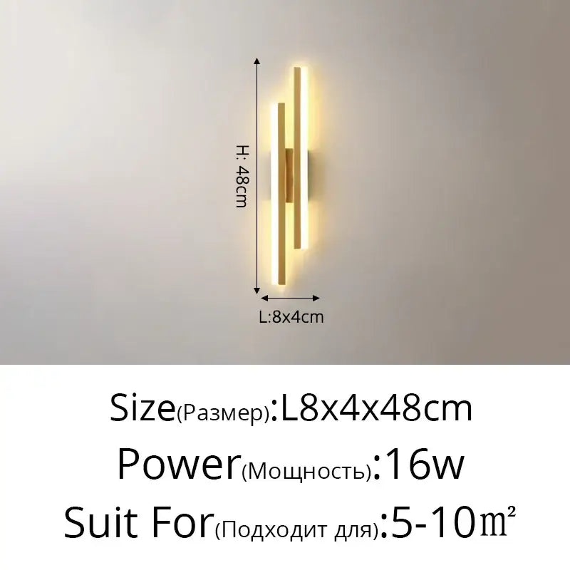 Modern gold decorbites led strip wall lamp with two vertical bars emitting warm ambient glow for bedroom sconce light