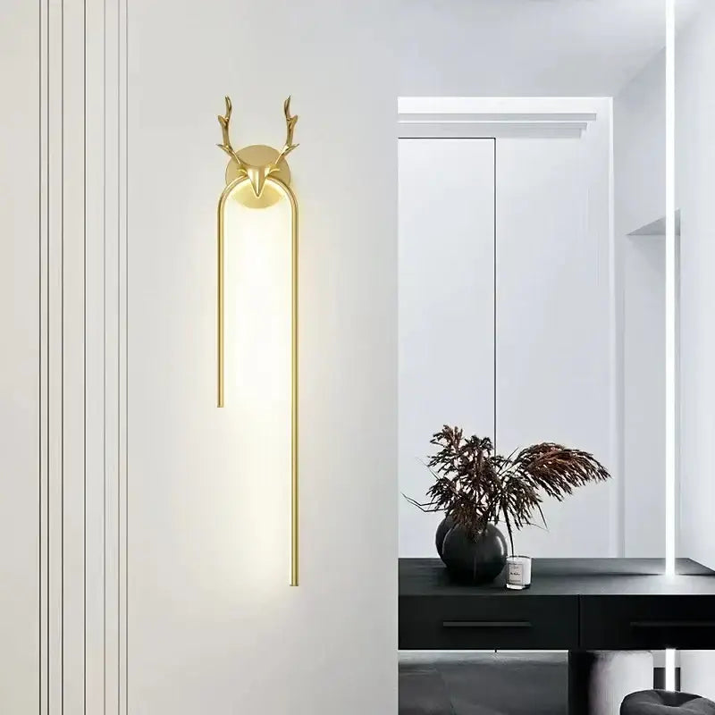 Modern gold deer head wall lamp with sleek elongated vertical led light fixture perfect for bedroom decorbites deer head wall