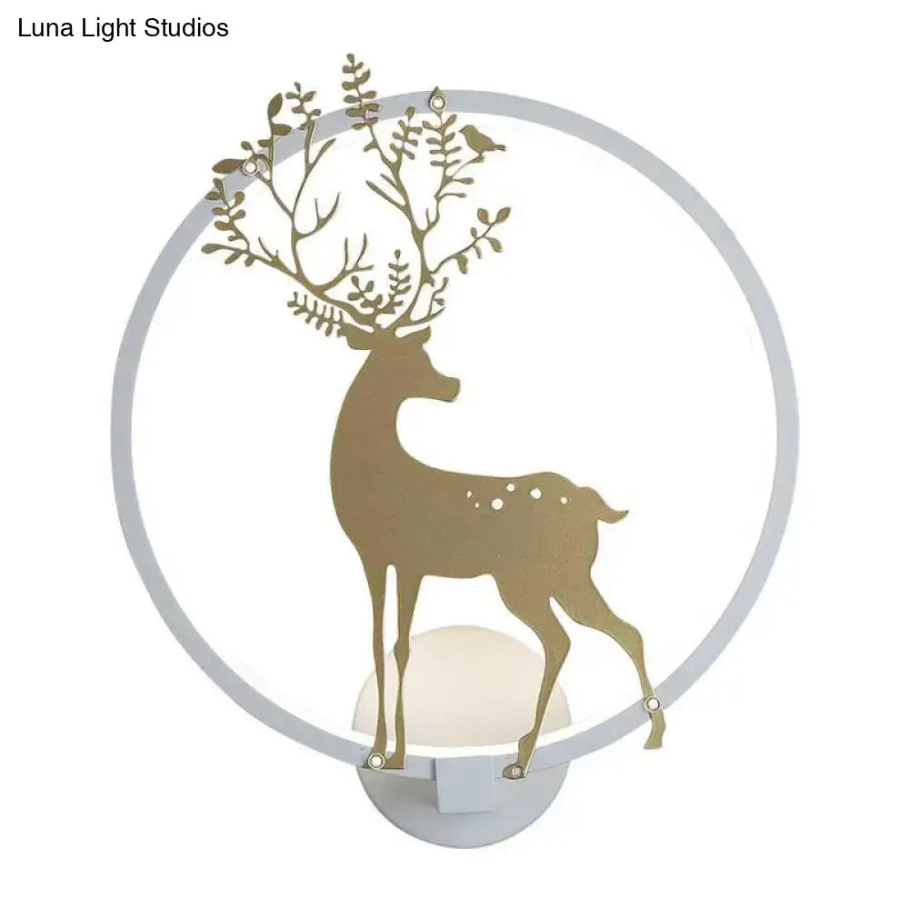 Modern gold deer mural led hoop wall sconce featuring a gold-toned deer silhouette with foliage and bird in a white circular frame