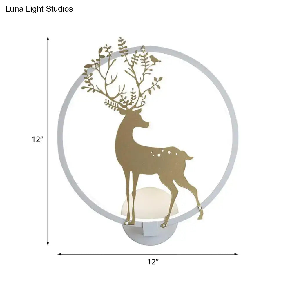 Modern gold deer mural led hoop wall sconce featuring a gold deer silhouette with antler foliage and birds on white base