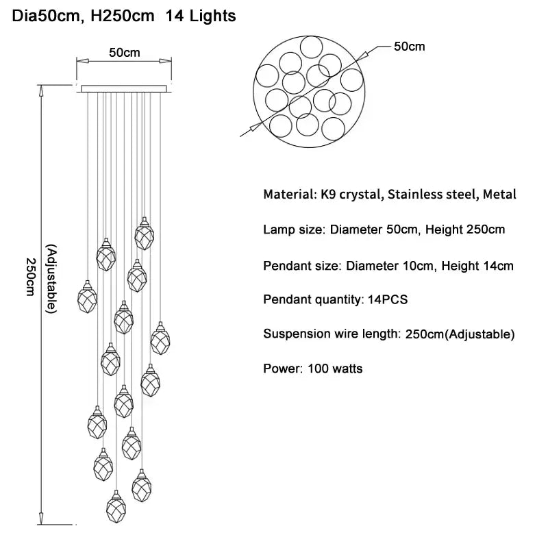Elegant modern gold diamond crystal ball chandelier with 14 faceted k9 crystal pendants on stainless steel frame