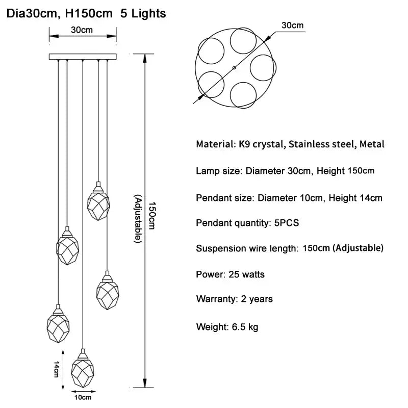 Elegant modern gold diamond crystal ball chandelier with five faceted k9 crystal ball pendants and stainless steel hardware